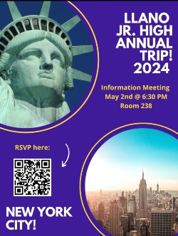 Info meeting for New York Jr. High Trip @ 6:30, Room 238
